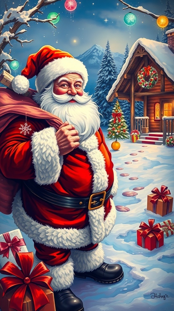 A cheerful Santa Claus painting in a snowy setting, surrounded by Christmas decorations.